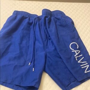 Calvin Klein Blue Swim Trunks with Drawstring Waist